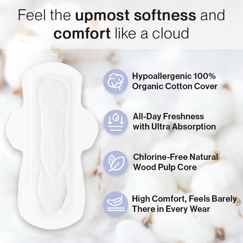 SANDIS Feminine Pad for Women - Regular 28 Count 100% Organic Cotton Ultra Thin with Wings