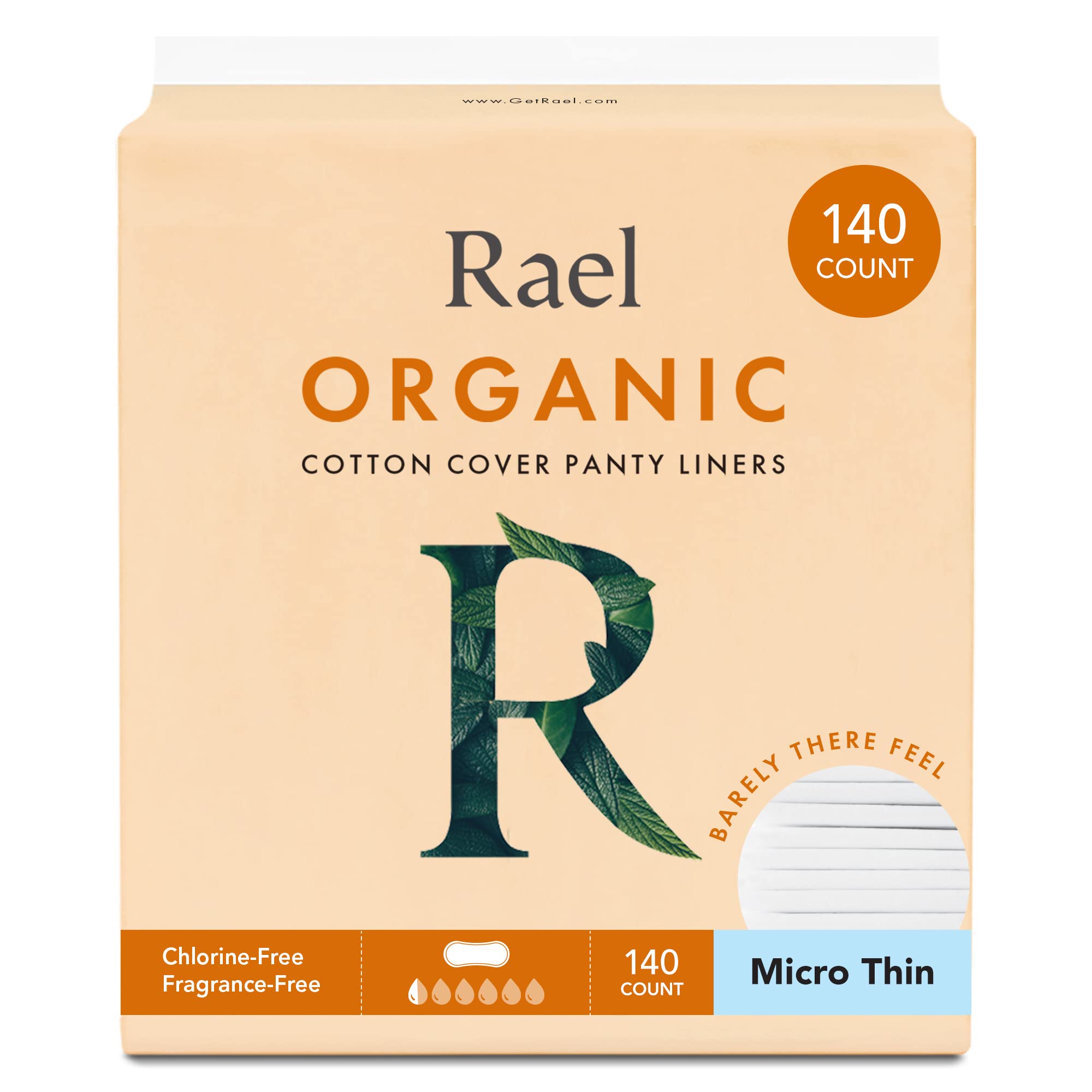 Rael Panty Liners for Women, Organic Cotton Cover - Thin Pantiliners, Light Absorbency, Unscented