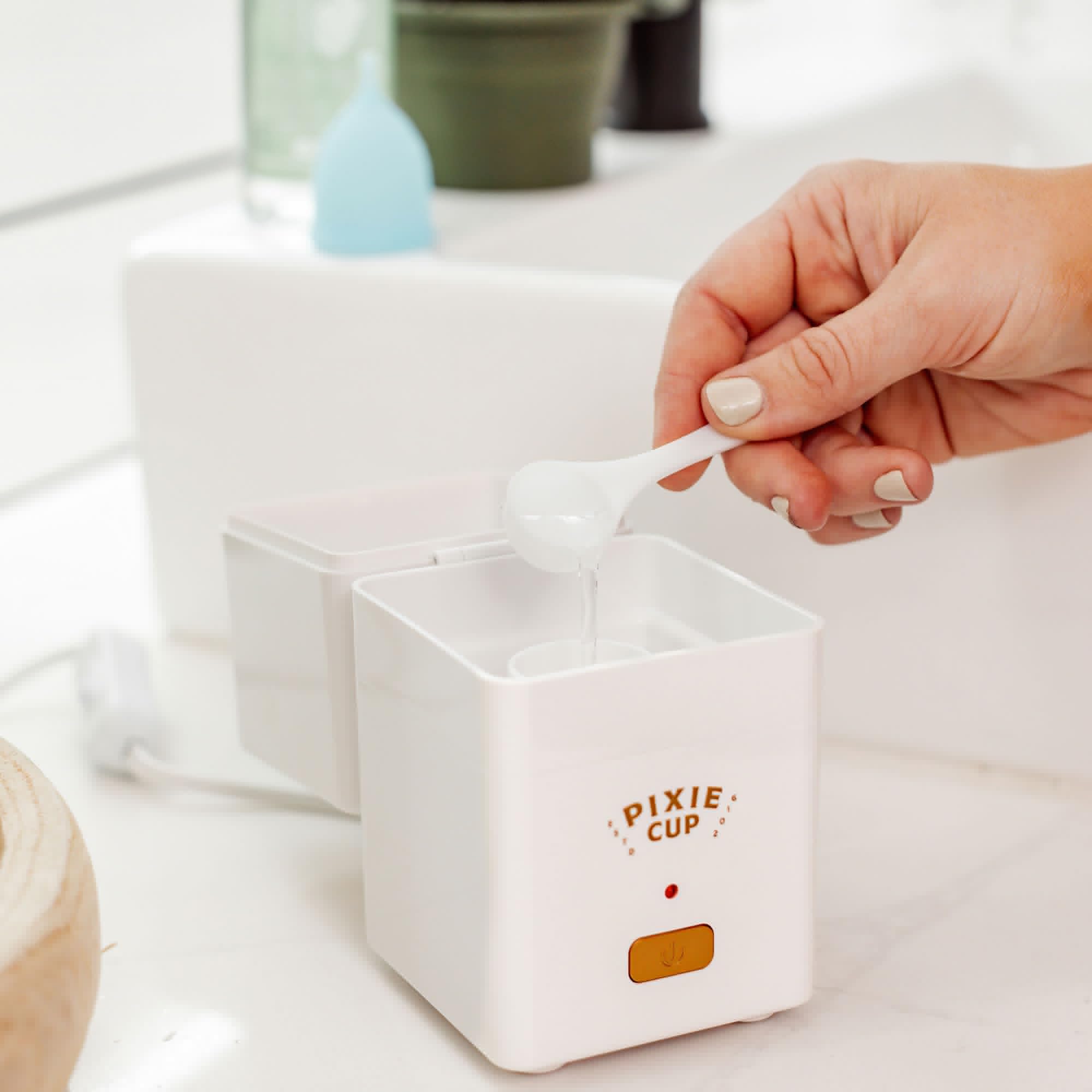 Pixie Menstrual Cup Sterilizer Cleaner Machine - The Only Hinged Lid Steamer & Drying Stand