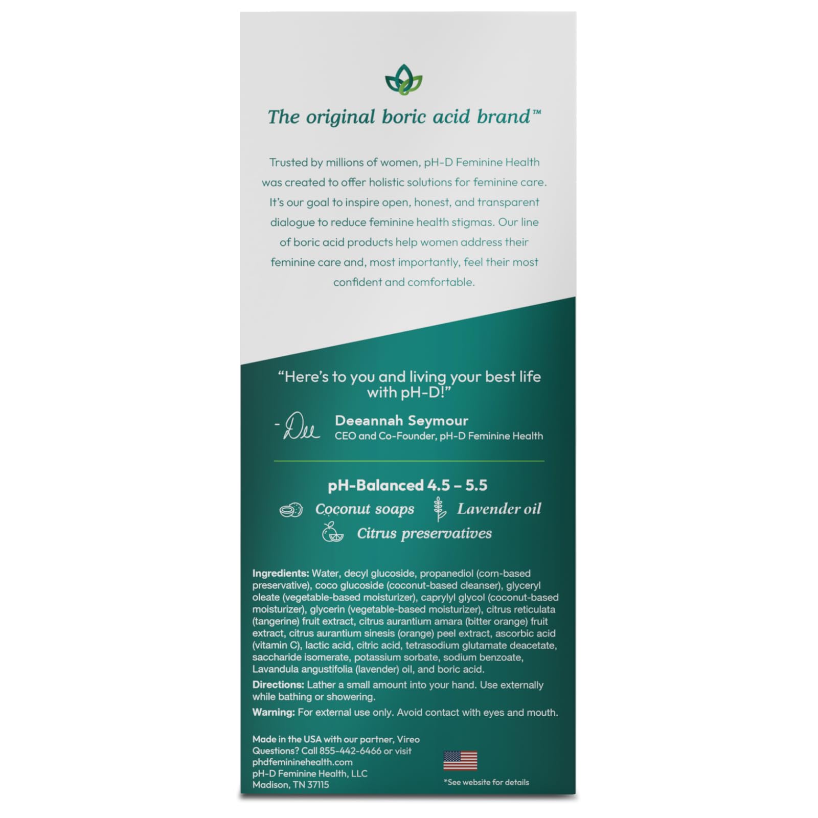 pH-D Feminine Health - Boric Acid Foam Wash - pH-Balanced, Paraben-Free, and Plant-based