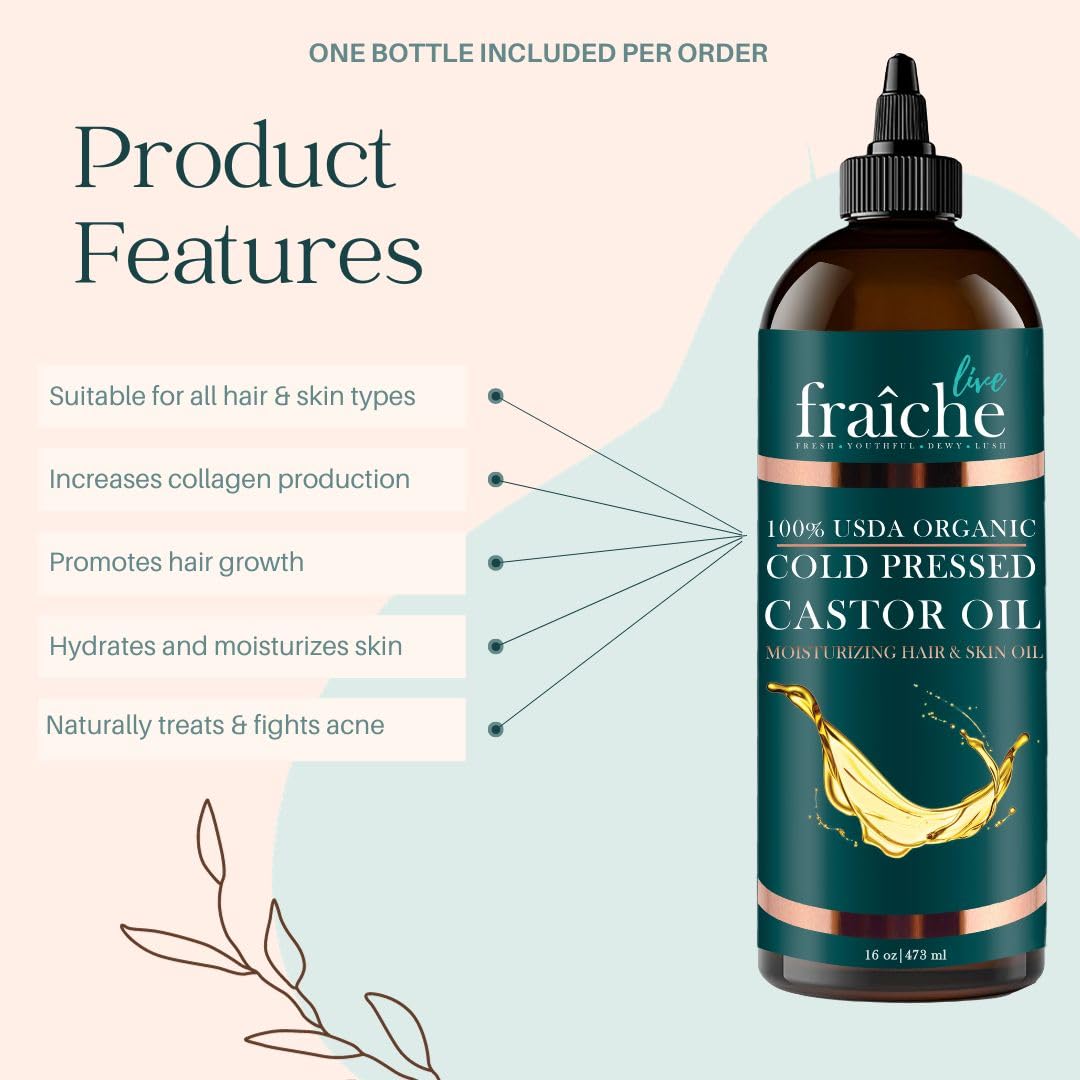Live Fraiche USDA Organic Cold Pressed Castor Oil (16oz), 100% Pure, Hexane-Free Castor Oil