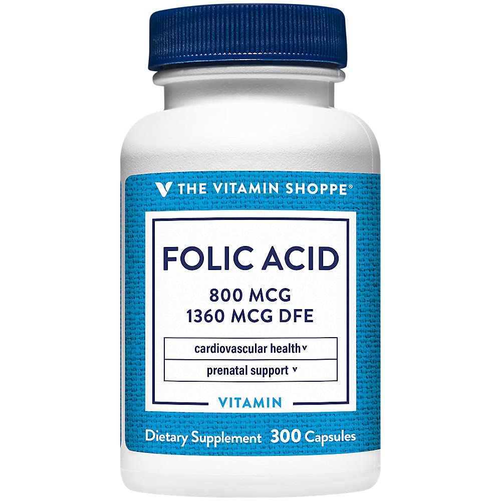 The Vitamin Shoppe Folic Acid 800MCG, Supports Prenatal & Fetal Development (300 Capsules)