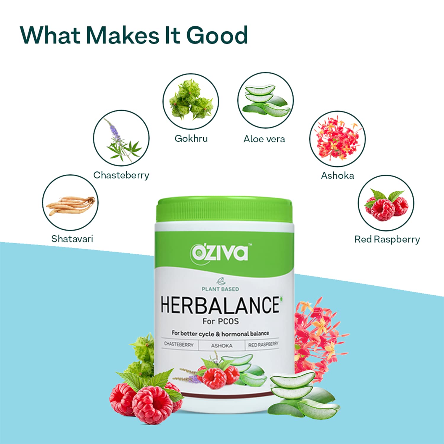 OZiva Plant Based HerBalance for PCOS (with Chasteberry, Shatavari, Red Raspberry, Ashoka) for better cycle
