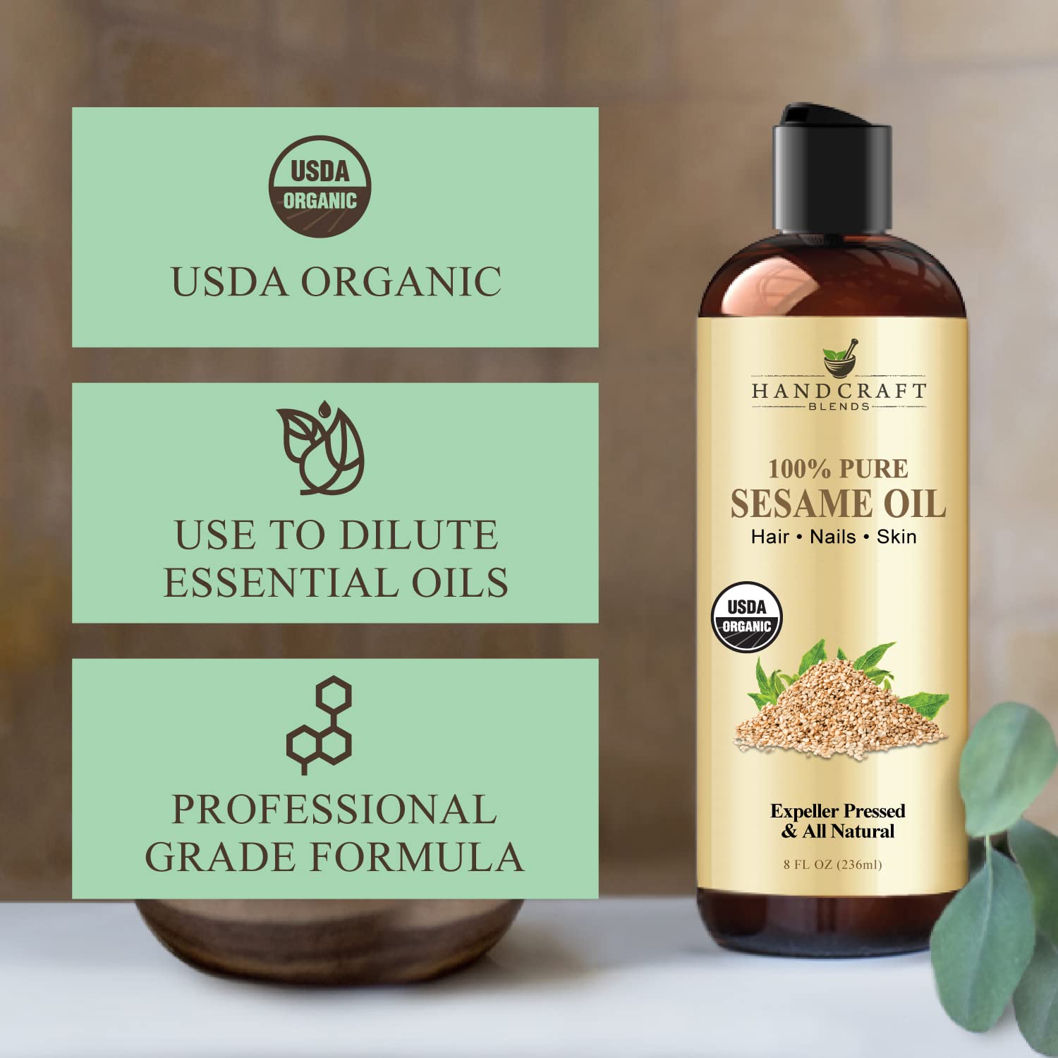Handcraft Blends Organic Sesame Oil for Skin and Hair 8 oz - 100% Pure and Natural - Premium