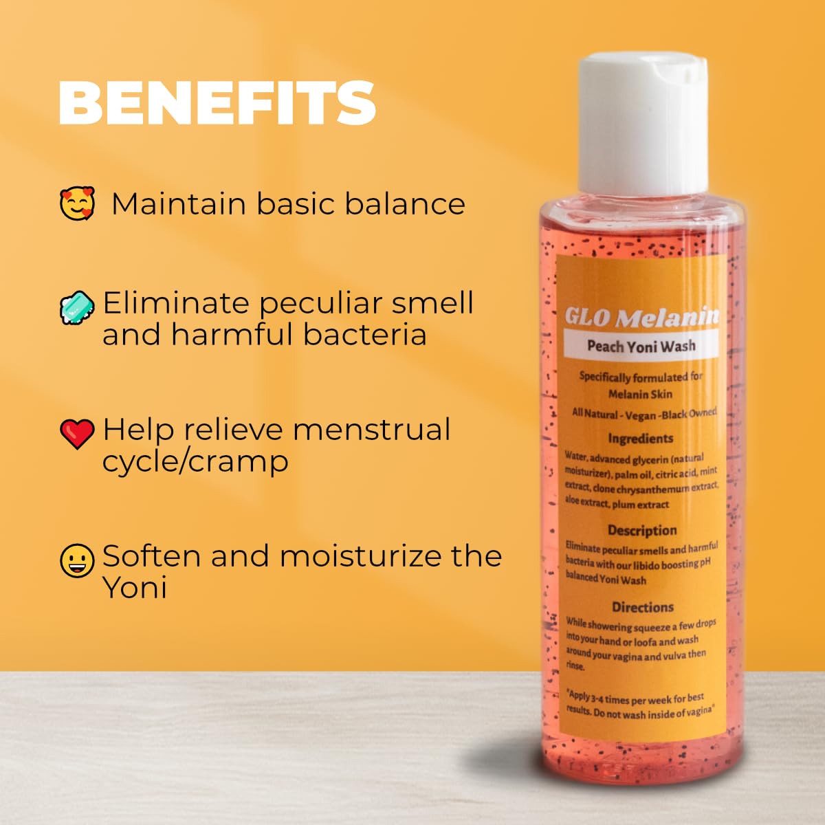 GLO Melanin Peach Yoni Wash with Aloe Vera, All Natural Feminine Wash for Women pH Balance