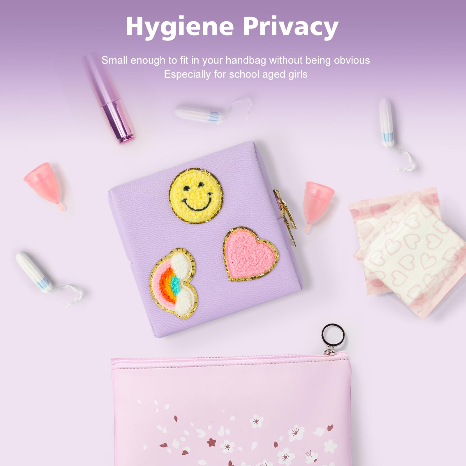 Preppy Patch Period Bag for Teen Aged Girls, Sanitary Napkin Storage Bag, Functional PU Leather Sanitary
