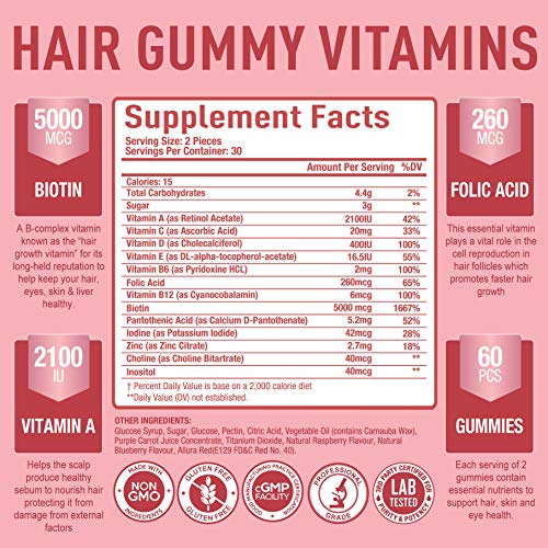 Premium Hair Vitamins Supplement-Gummy Vitamins w/Biotin, Folic Acid, Vitamins A&D
