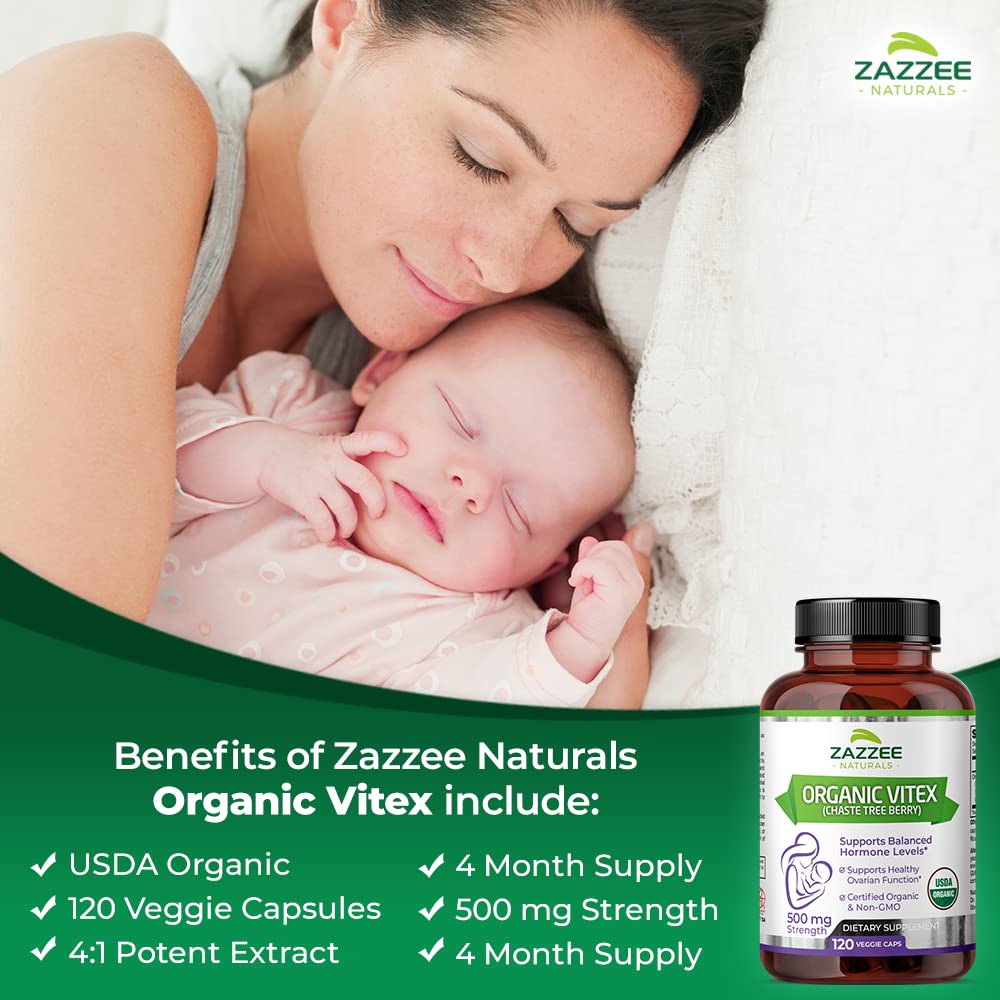 Zazzee USDA Organic Vitex, 500 mg Strength, 120 Vegan Capsules, 4 Month Supply
