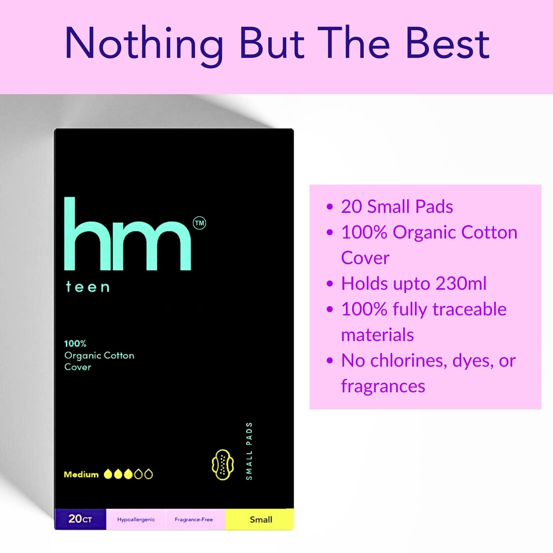 HM Teen | Pads for Teens | 100% Organic Cotton Pad Topsheet | Non Toxic Teen Pads with Wings