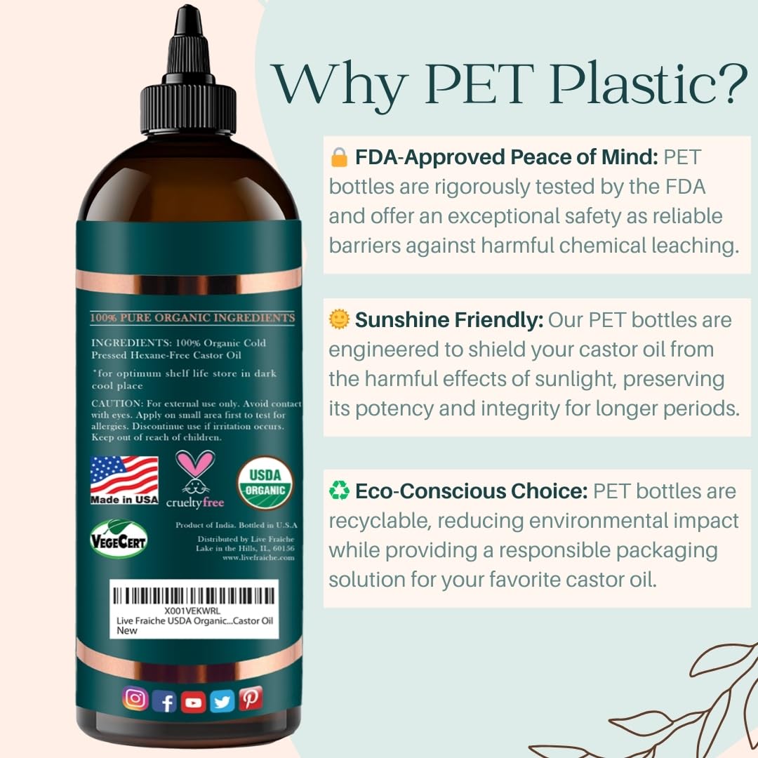 Live Fraiche USDA Organic Cold Pressed Castor Oil (16oz), 100% Pure, Hexane-Free Castor Oil