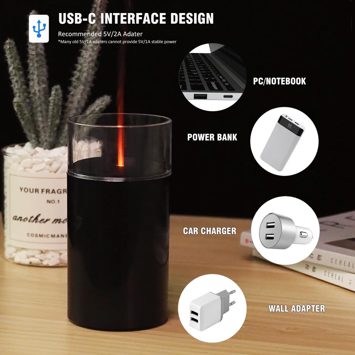 iWeeta Candlelight Diffuser,60ml Rechargeable Battery Operated Low Power Portable 10ml/H Aroma