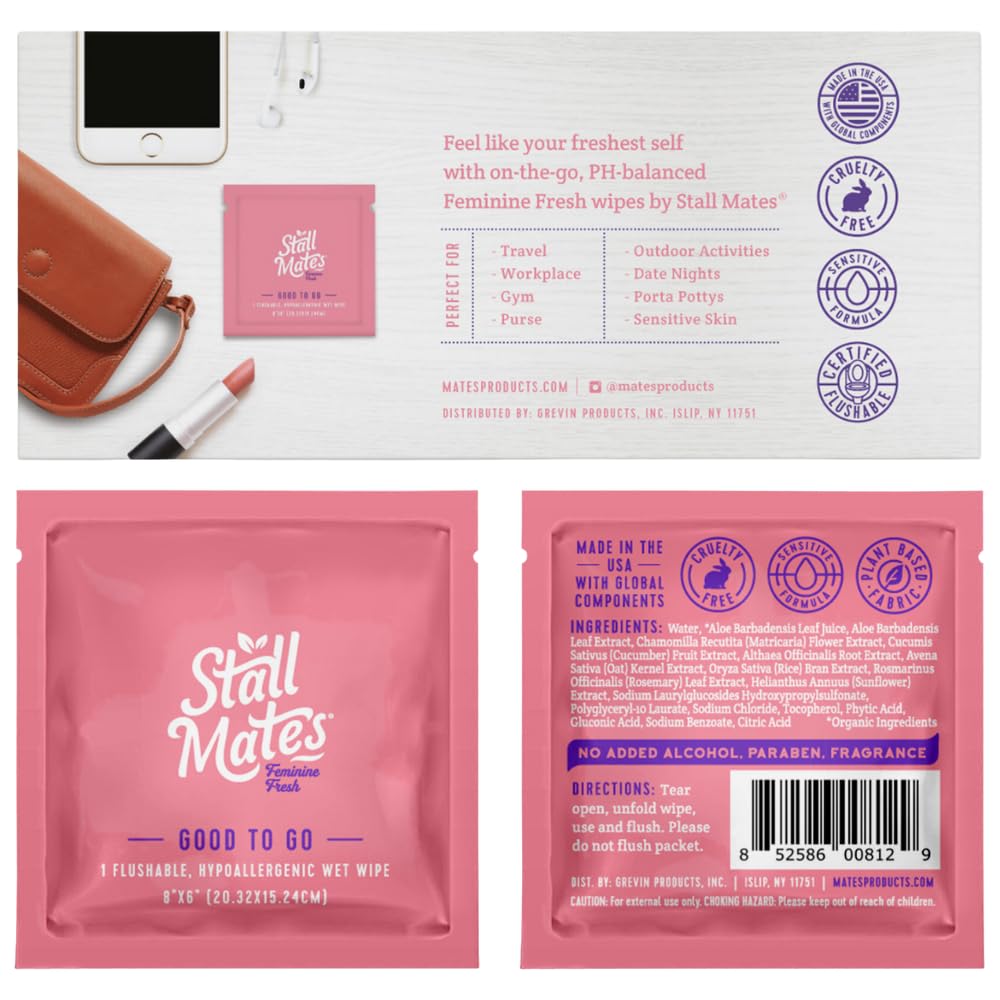 Stall Mates Wipes Feminine Fresh - Flushable | Individually Wrapped Cleansing Travel Friendly PH