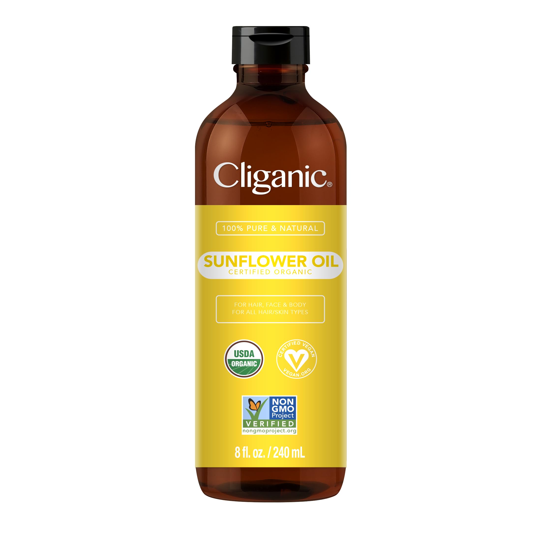 Cliganic Organic Sunflower Oil, 100% Pure (8oz) - For Skin, Hair & Face | Natural Cold Pressed Unrefined