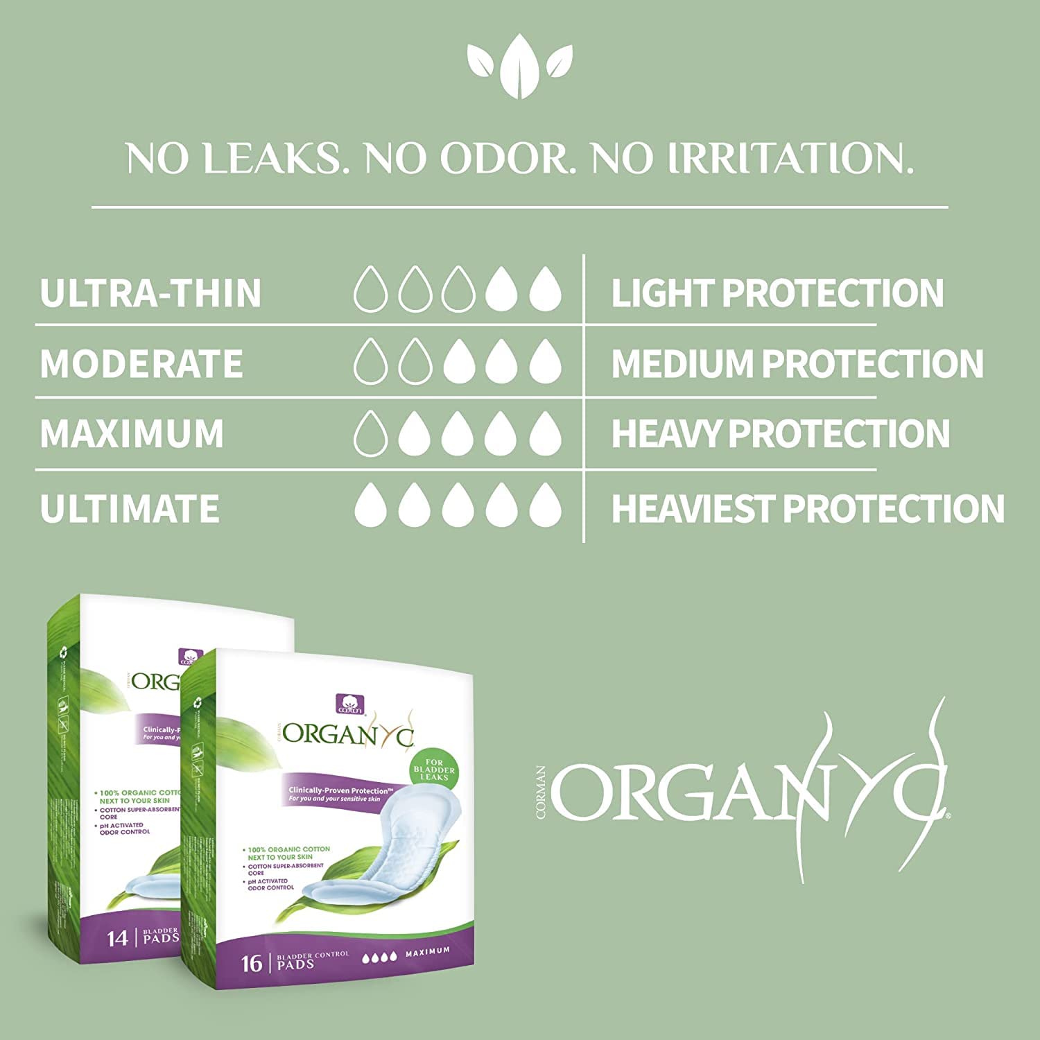 Organyc 100% Organic Cotton Light Incontinence Liners for Bladder Leakage Control
