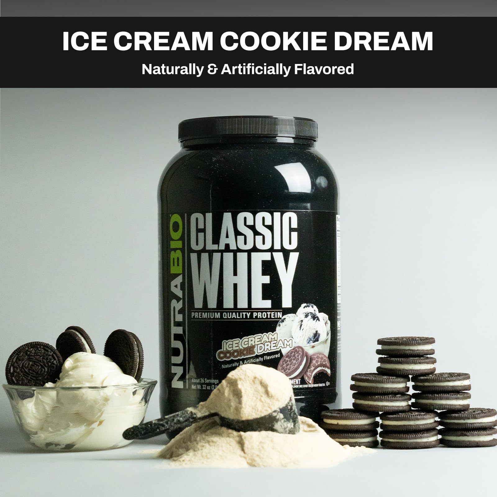 NutraBio Classic Whey Protein Powder- 25G of Protein Per Scoop - Ice Cream Cookie