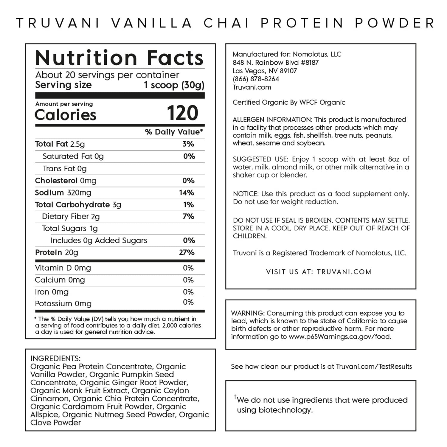 Truvani Organic Vegan Protein Powder Vanilla Chai - 20g of Plant Based Protein, Organic