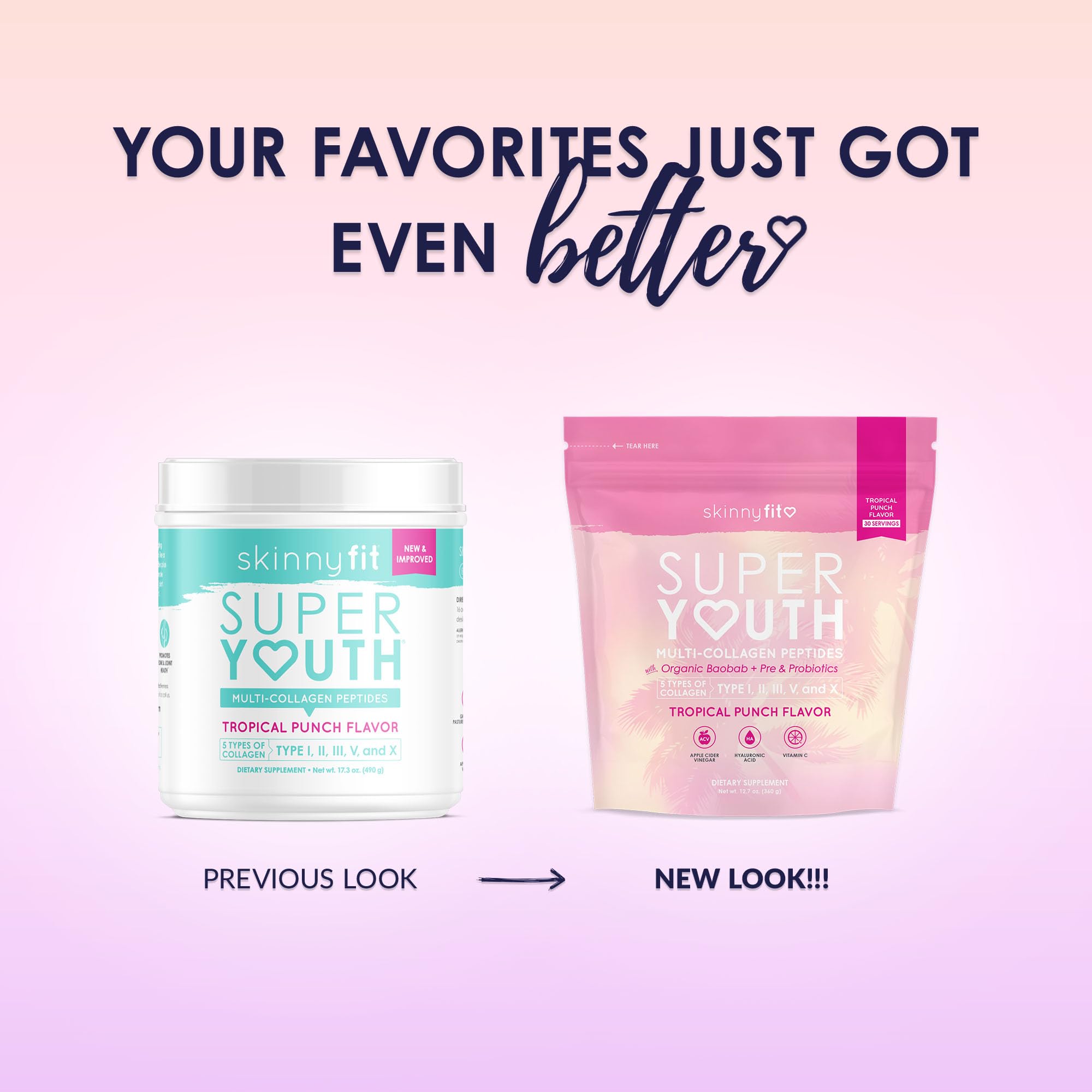 SkinnyFit Super Youth Tropical Punch Multi-Collagen Peptides + Probiotics, Baobab Fiber