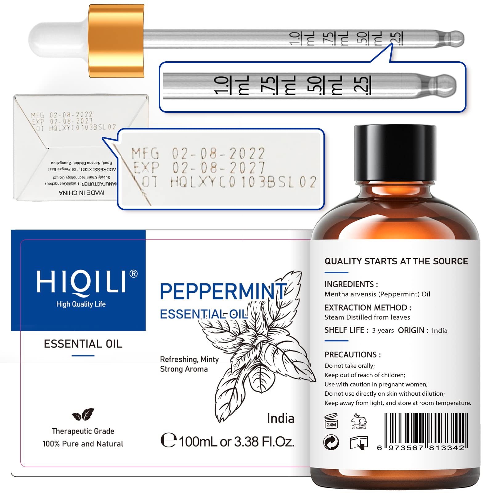 HIQILI Peppermint Oil 100ML, 100% Pure Peppermint Essential Oil Natural for Diffuser