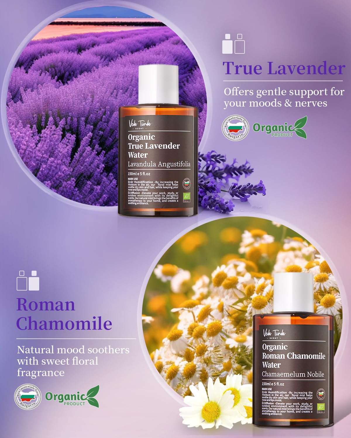 VTS Organic Lavender Water and Roman Chamomile Floral Water with Diffuser, Aromatherapy Air