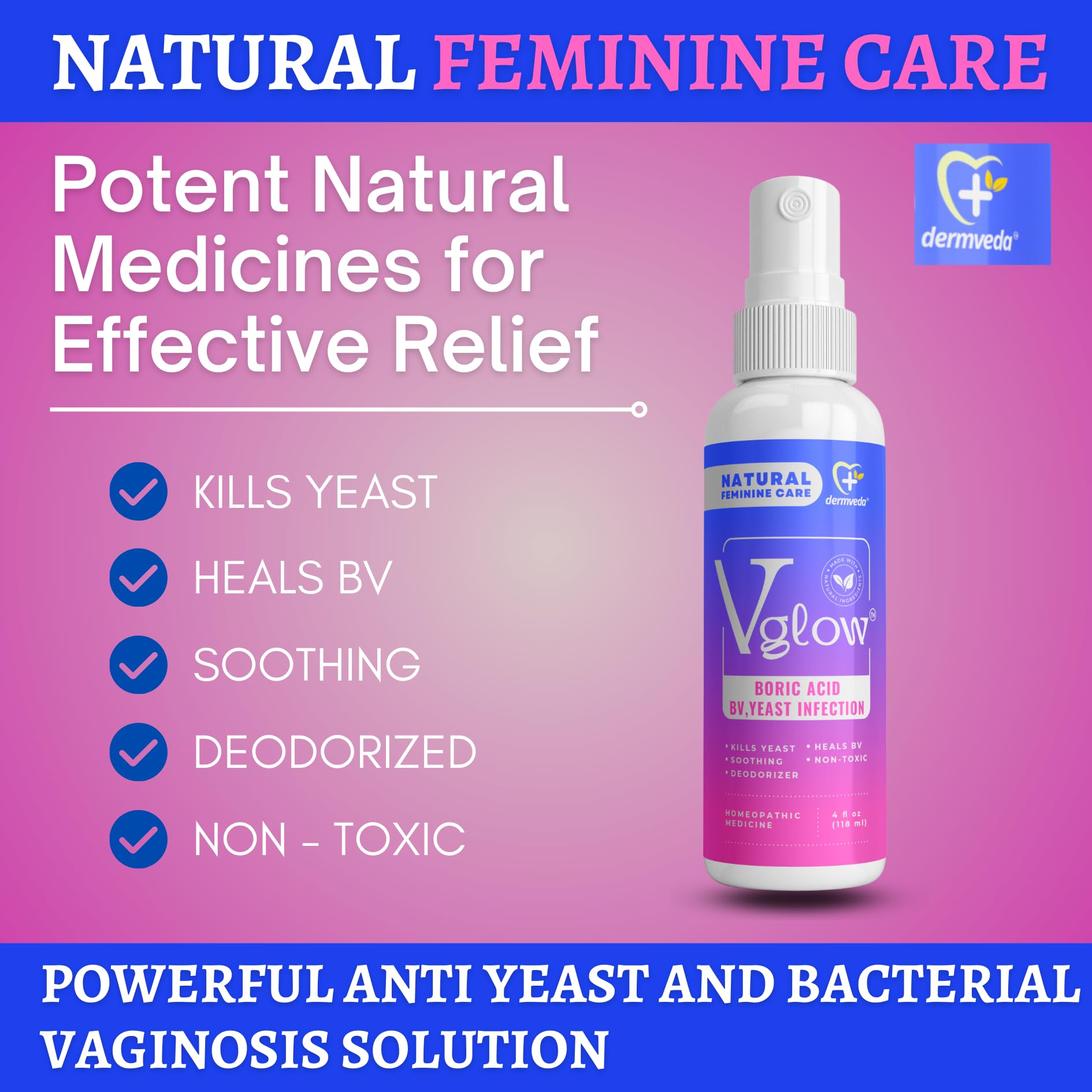 Dermveda Boric Acid BV Relief for Women - Natural Yeast Infection, Odor, Itch Relief Solution