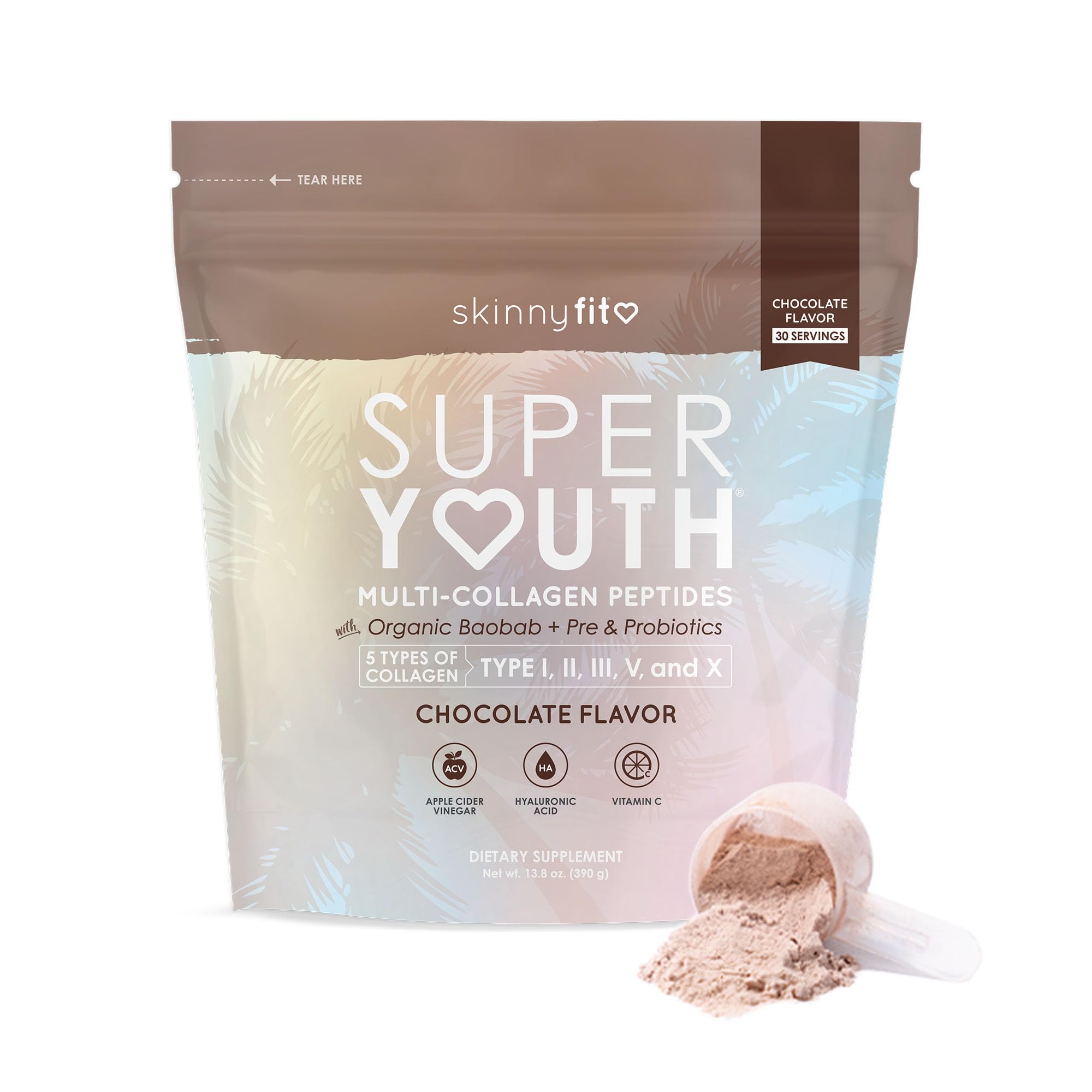 SkinnyFit Super Youth Chocolate Multi-Collagen Peptides + Probiotics, Baobab Fiber