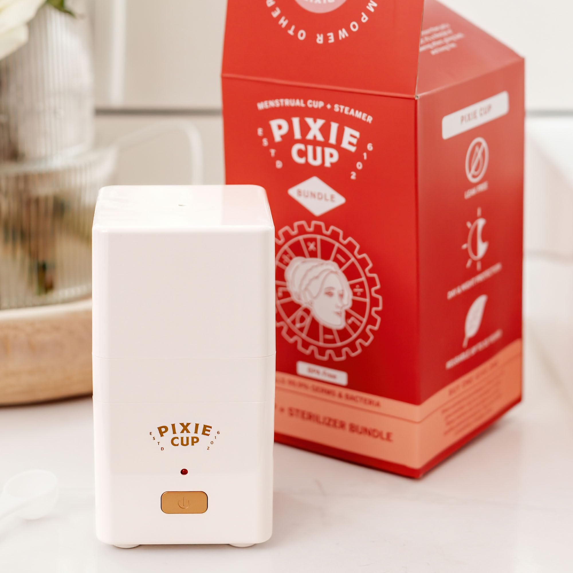 Pixie Menstrual Cup Sterilizer Cleaner Machine - The Only Hinged Lid Steamer & Drying Stand