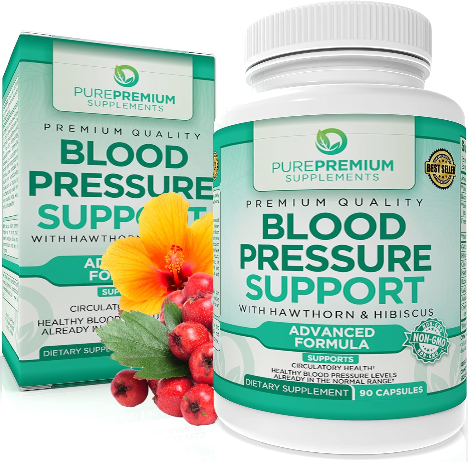 PurePremium Blood Pressure Support Supplement with Hawthorn, Hibiscus & Garlic 