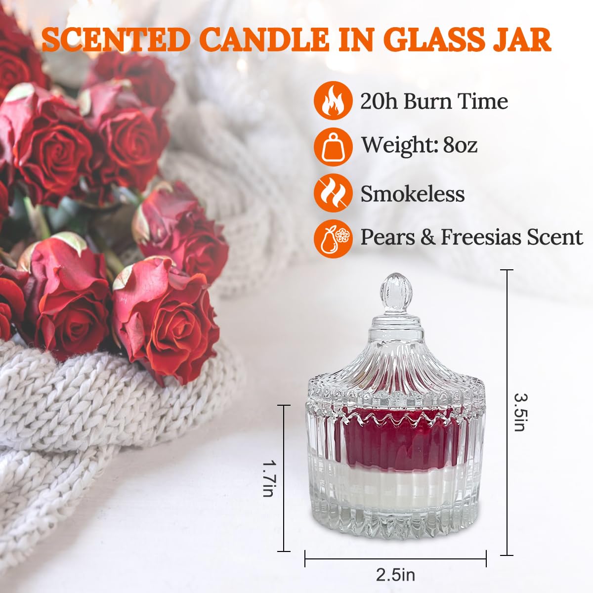 Red Rose Candle in Rippled Glass Jar for Valentine's Day Gifts, English Pear& Freesia Scented Candles