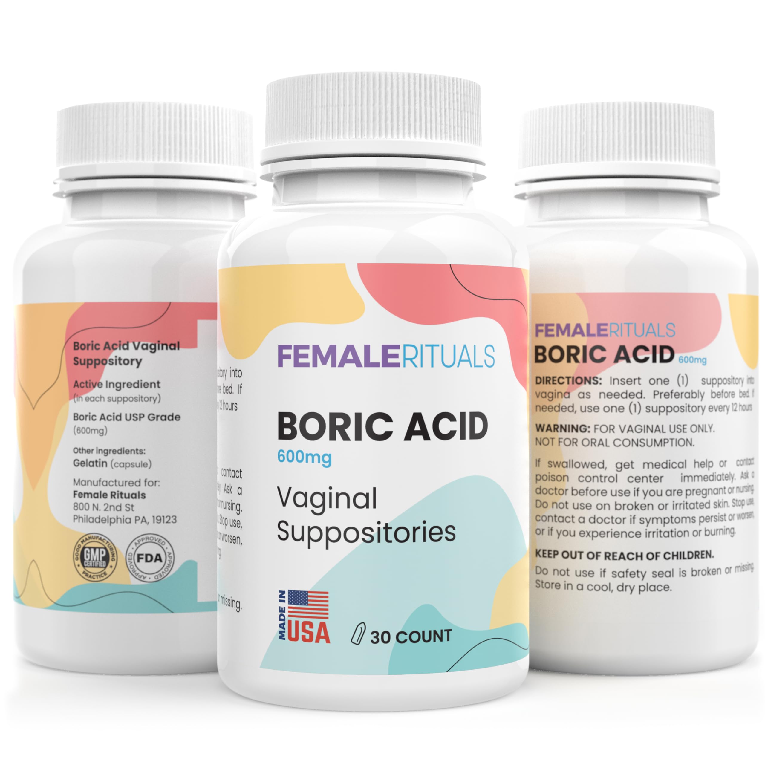 FEMALE RITUALS Boric Acid Suppositories for Women 600mg 30 Pack - Odor & Yeast Solution Boric Acid