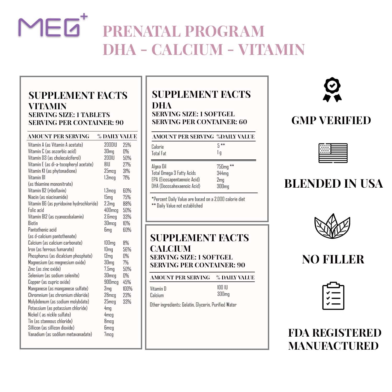 MEG+ Prenatal Supplement DHA Calcium Vitamin | 2-Month Supply 180 Counts |Omega-3 DHA Algal