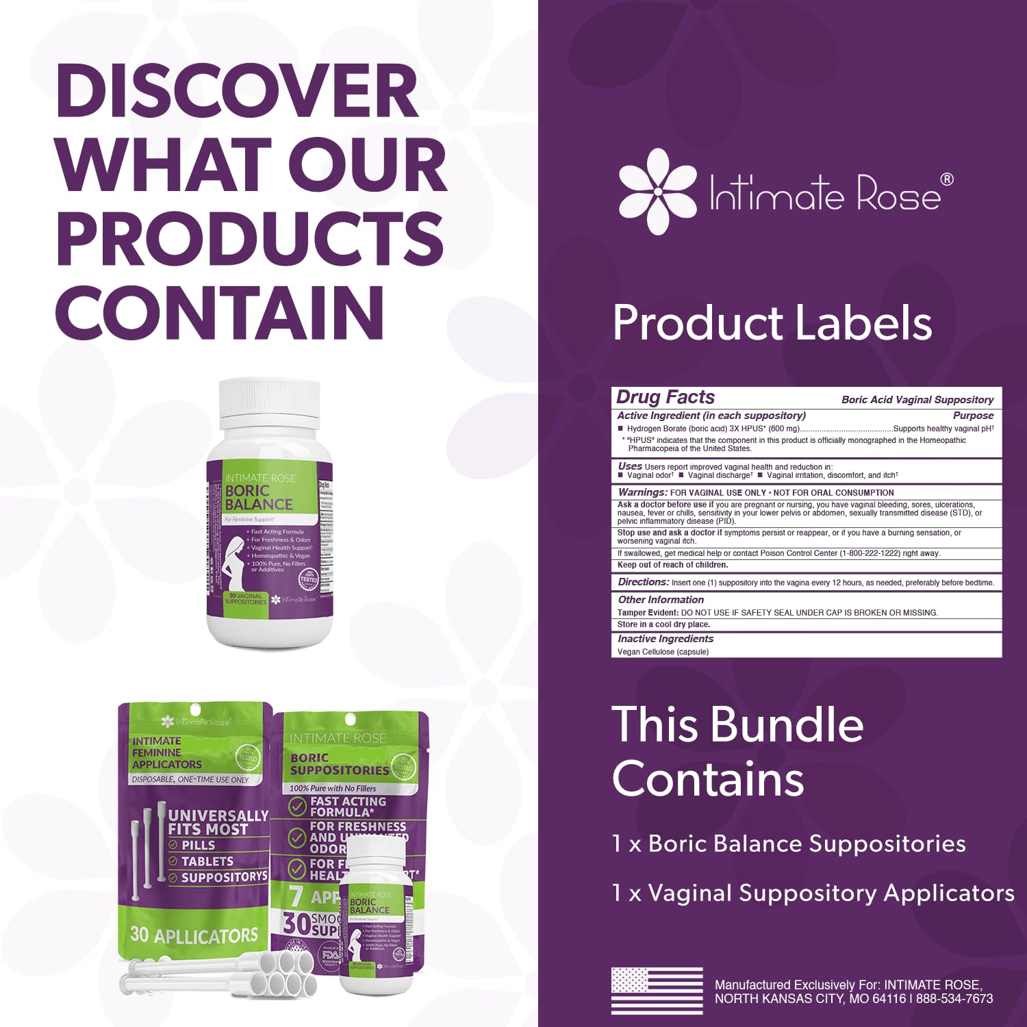 Intimate Rose Save 10% on Boric Acid Vaginal Suppositories - 30 Count (600mg) + 30 Applicators