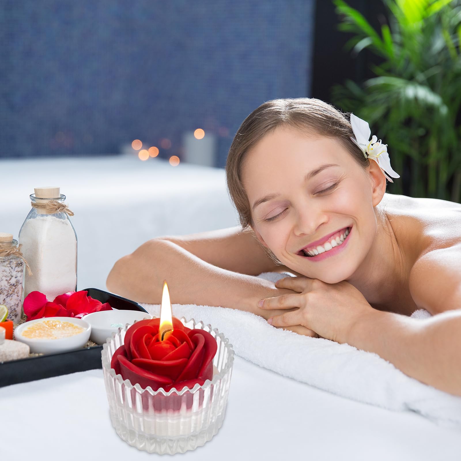 Red Rose Candle in Rippled Glass Jar for Valentine's Day Gifts, English Pear& Freesia Scented Candles