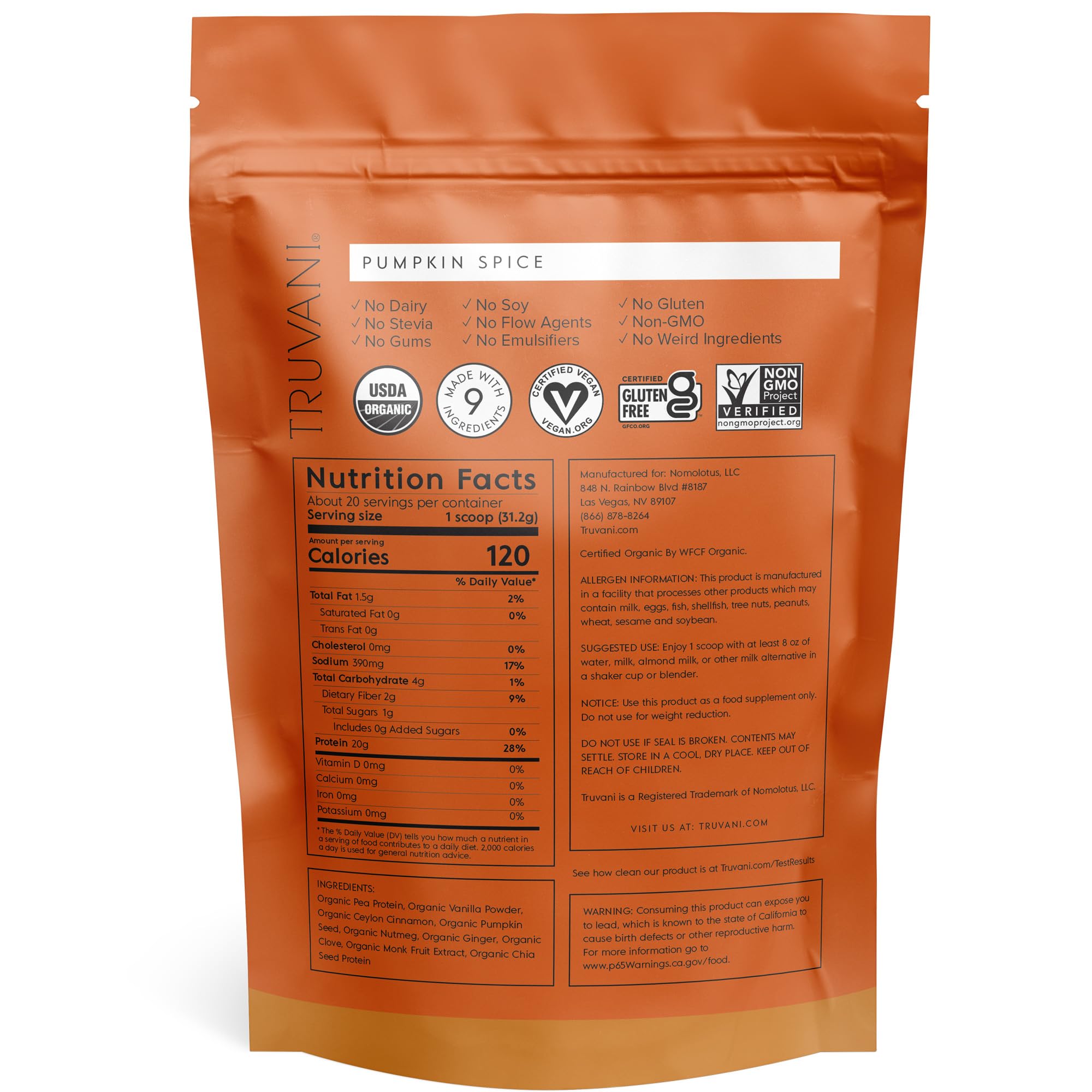 Truvani Organic Vegan Protein Powder Pumpkin Spice - 20g of Plant Based Protein