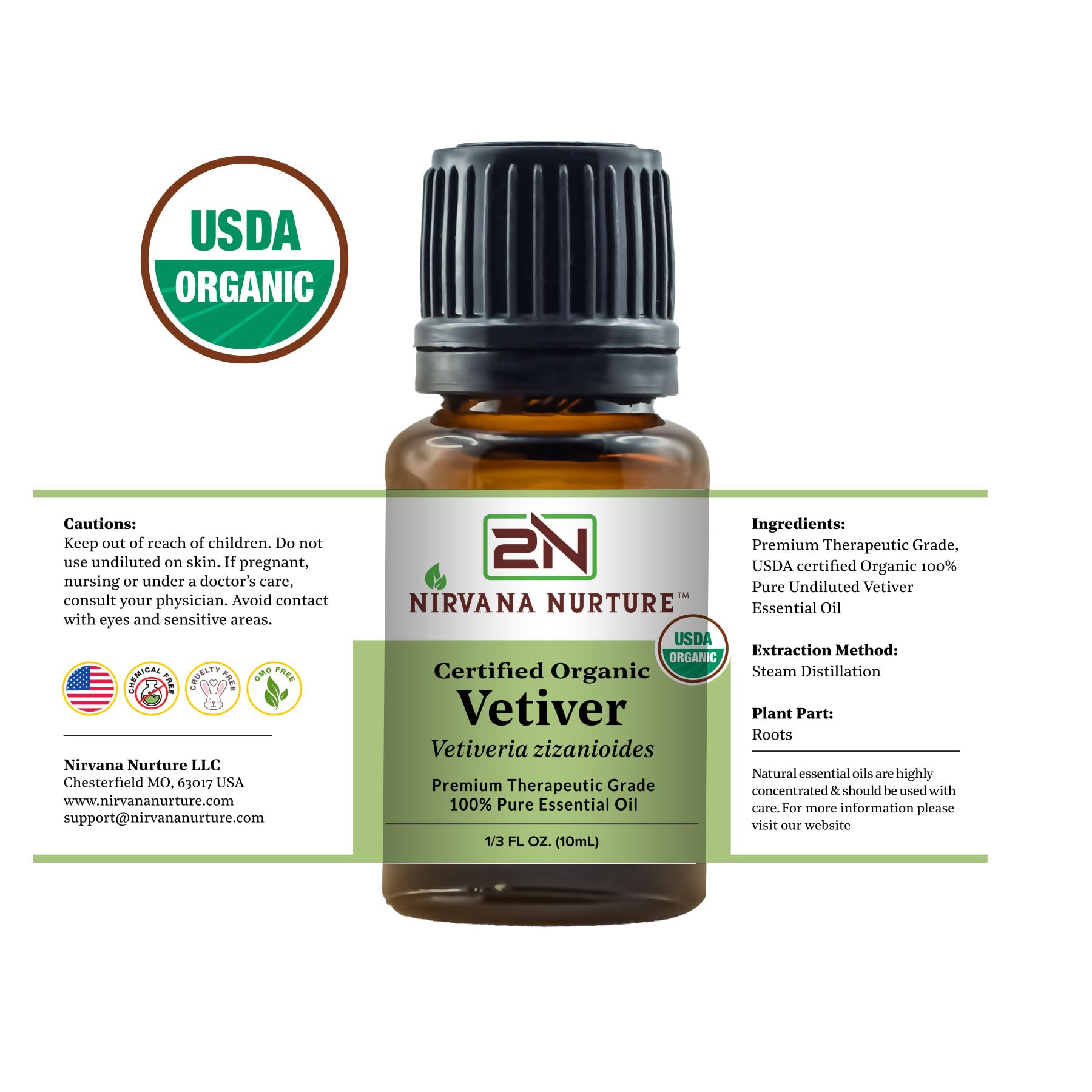 Nirvana Nurture Vetiver Essential Oil USDA Certified Organic 100% Pure Premium Therapeutic Grade