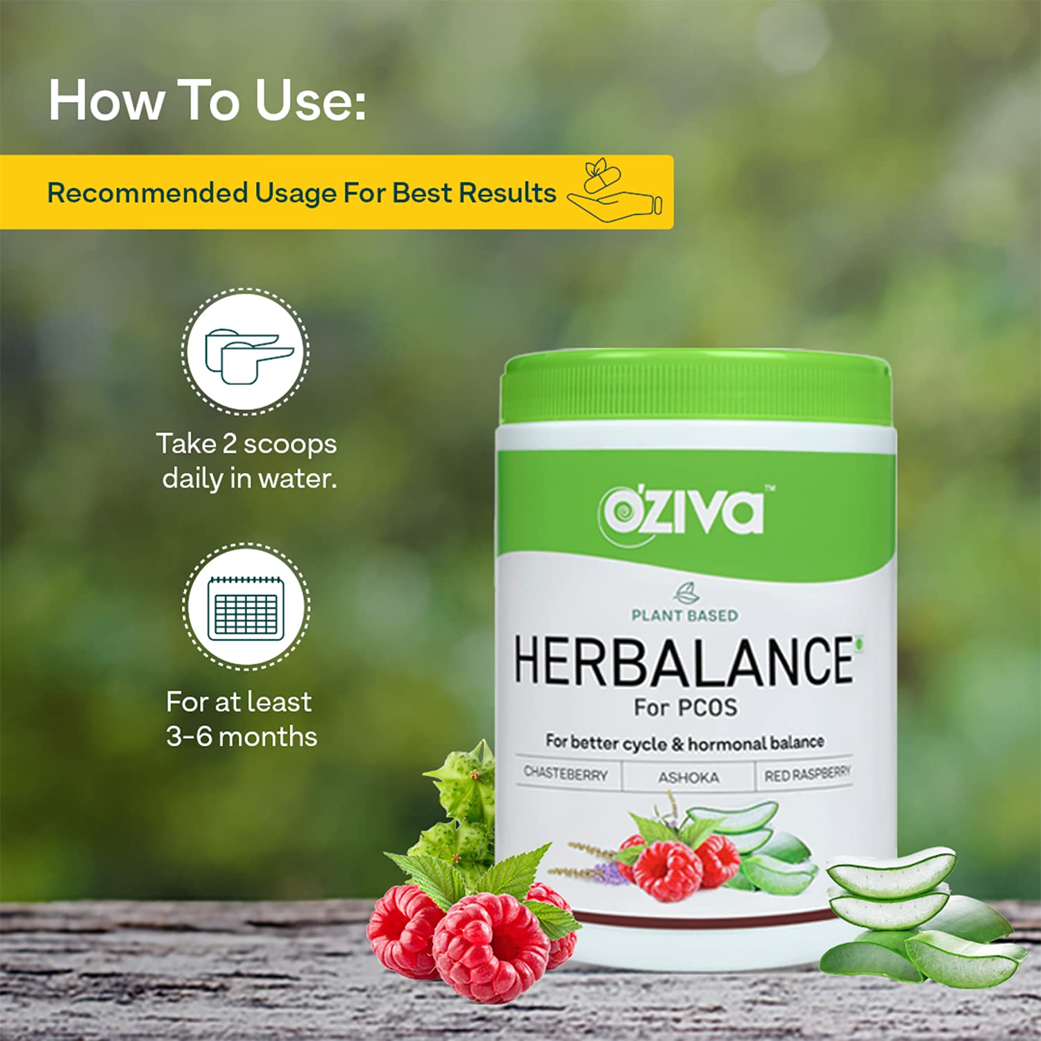 OZiva Plant Based HerBalance for PCOS (with Chasteberry, Shatavari, Red Raspberry, Ashoka) for better cycle