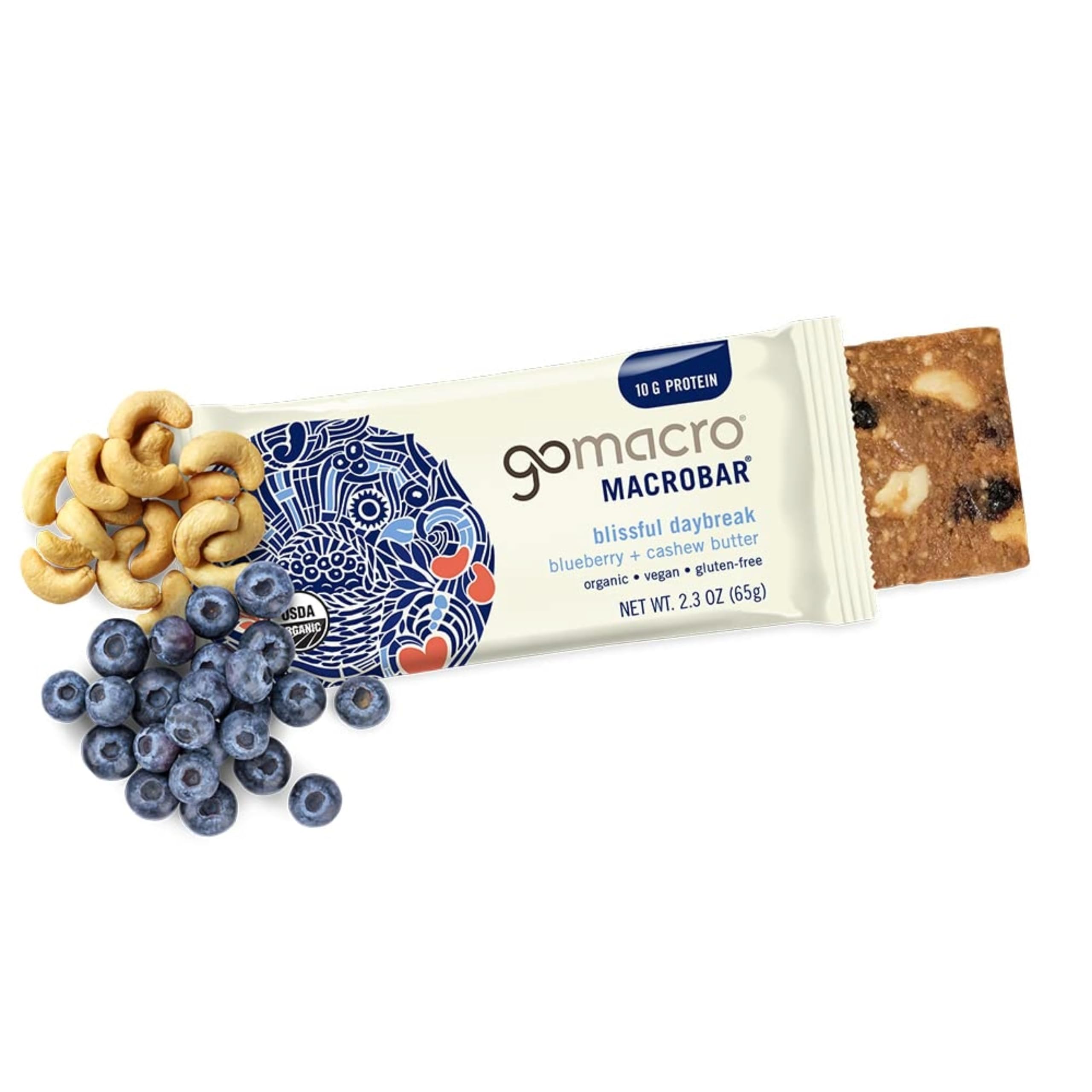 GoMacro Macrobar Organic Vegan Protein Bars - Blueberry + Cashew Butter , 2.3 Ounce