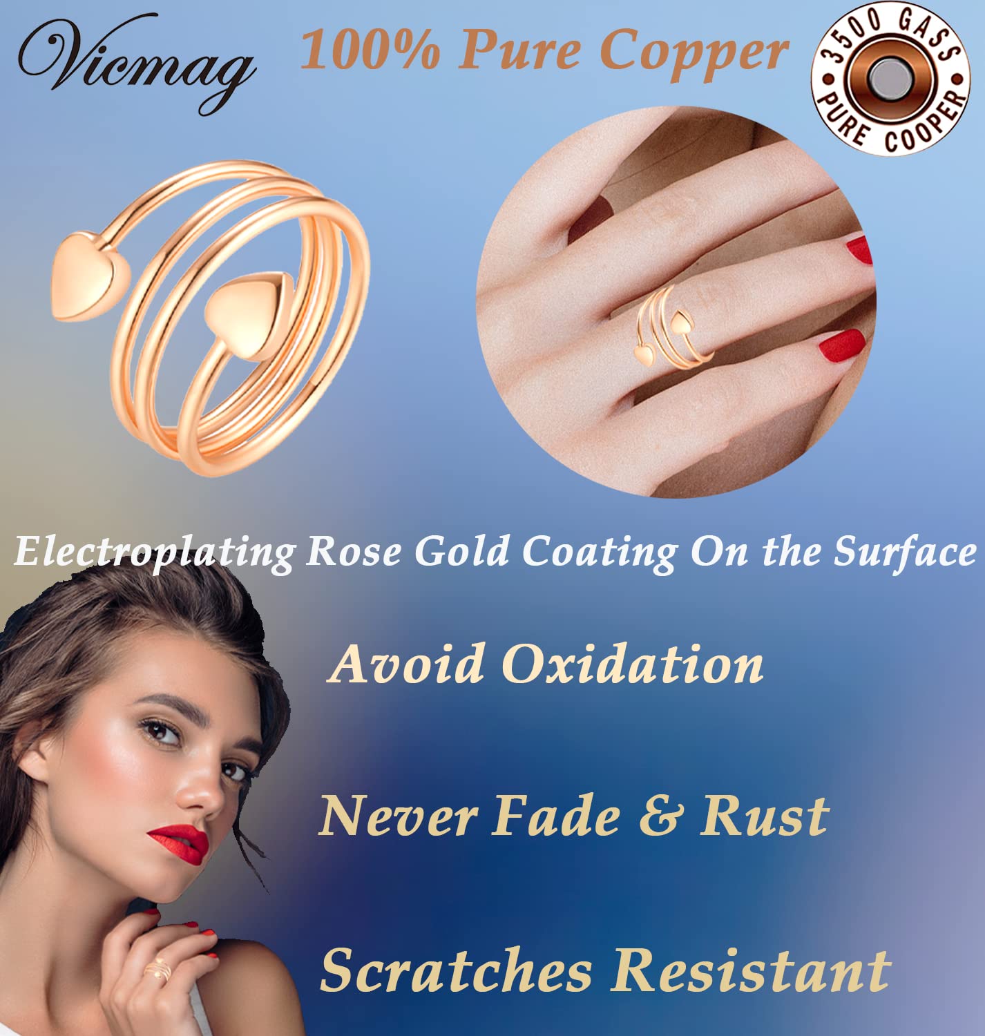 Vicmag Copper Bracelet for Women 99.9% Solid Pure Copper Valentine's Day Gift for Her with Adjustment Tool