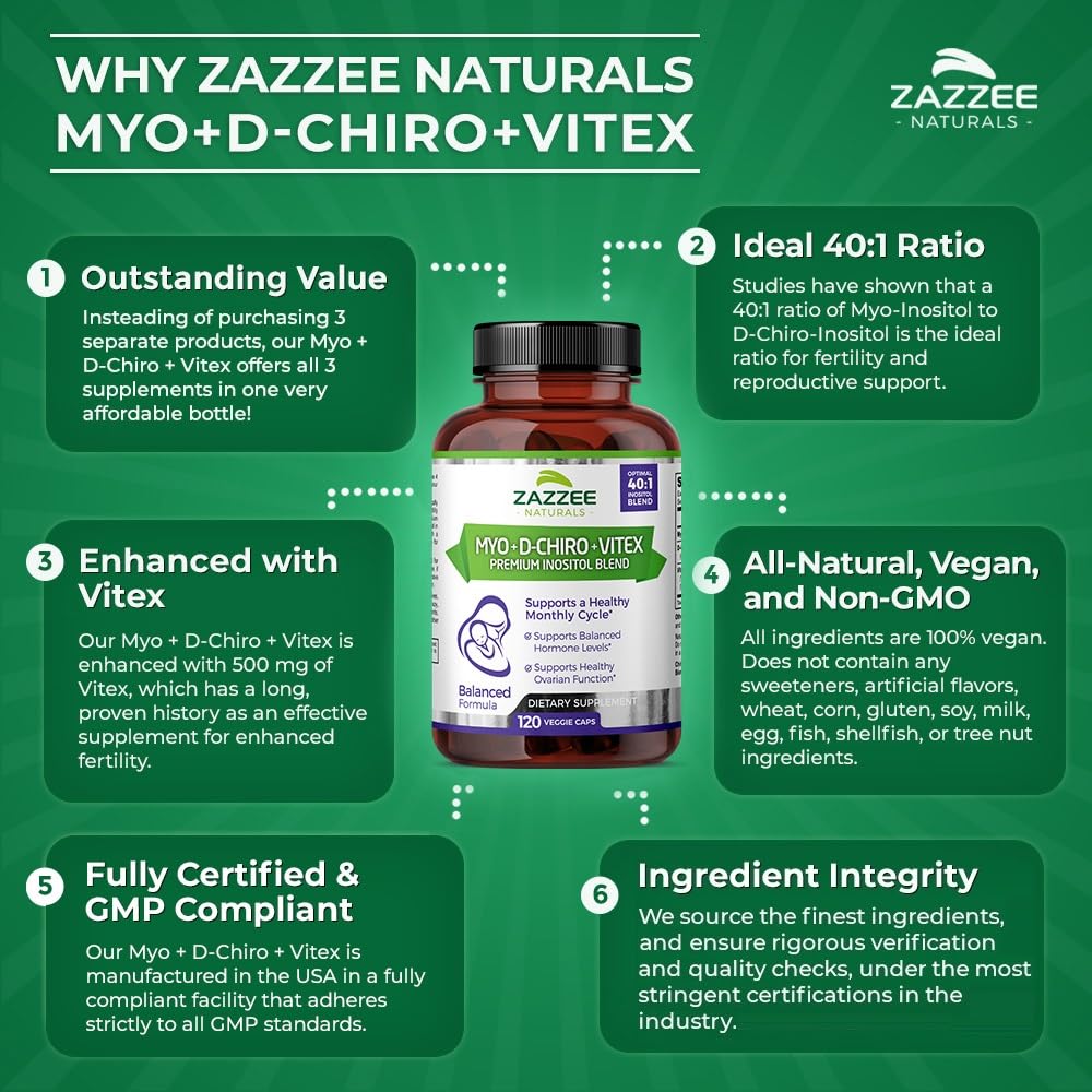 Zazzee Myo-Inositol + D-Chiro + Vitex, 120 Vegan Capsules, Optimal 40:1 Inositol Ratio, with 500 mg Vitex
