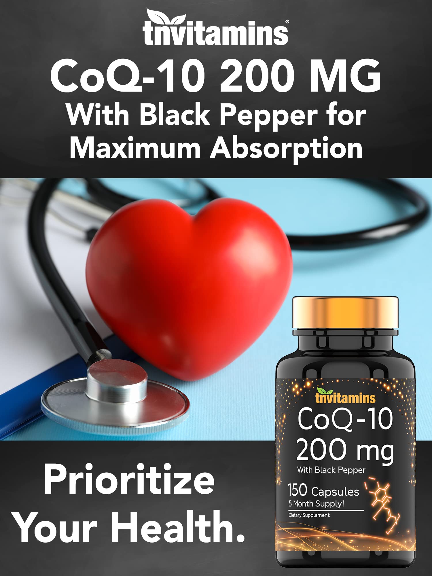 tnvitamins Ultra Potent CoQ-10 200 MG - 150 Capsules with Black Pepper Extract