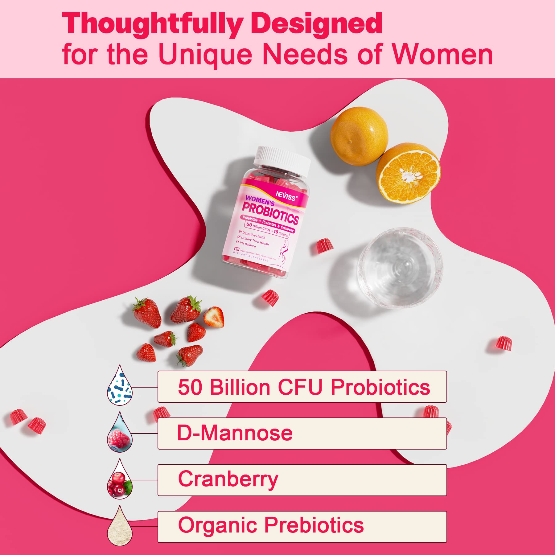 Probiotics for Women Gummies, Sugar Free Vaginal Probiotics 50 Billion CFU 10 Strains w/ Cranberry
