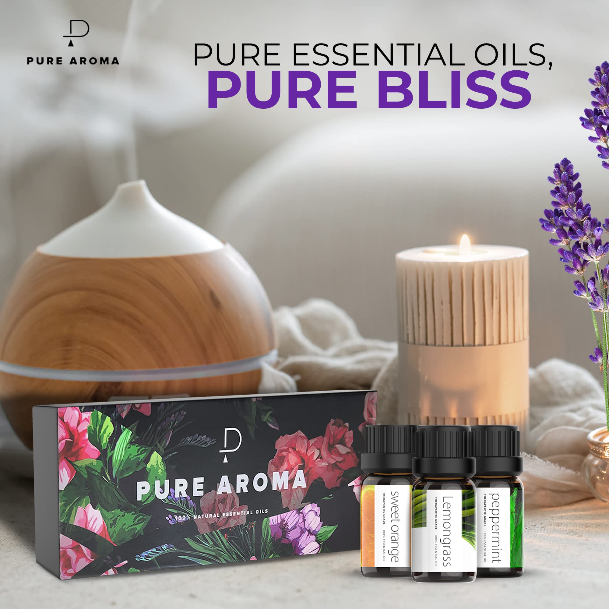 Essential Oils by PURE AROMA 100% Pure Oils kit- Top 6 Aromatherapy Oils Gift Set-6 Pack, 10ML