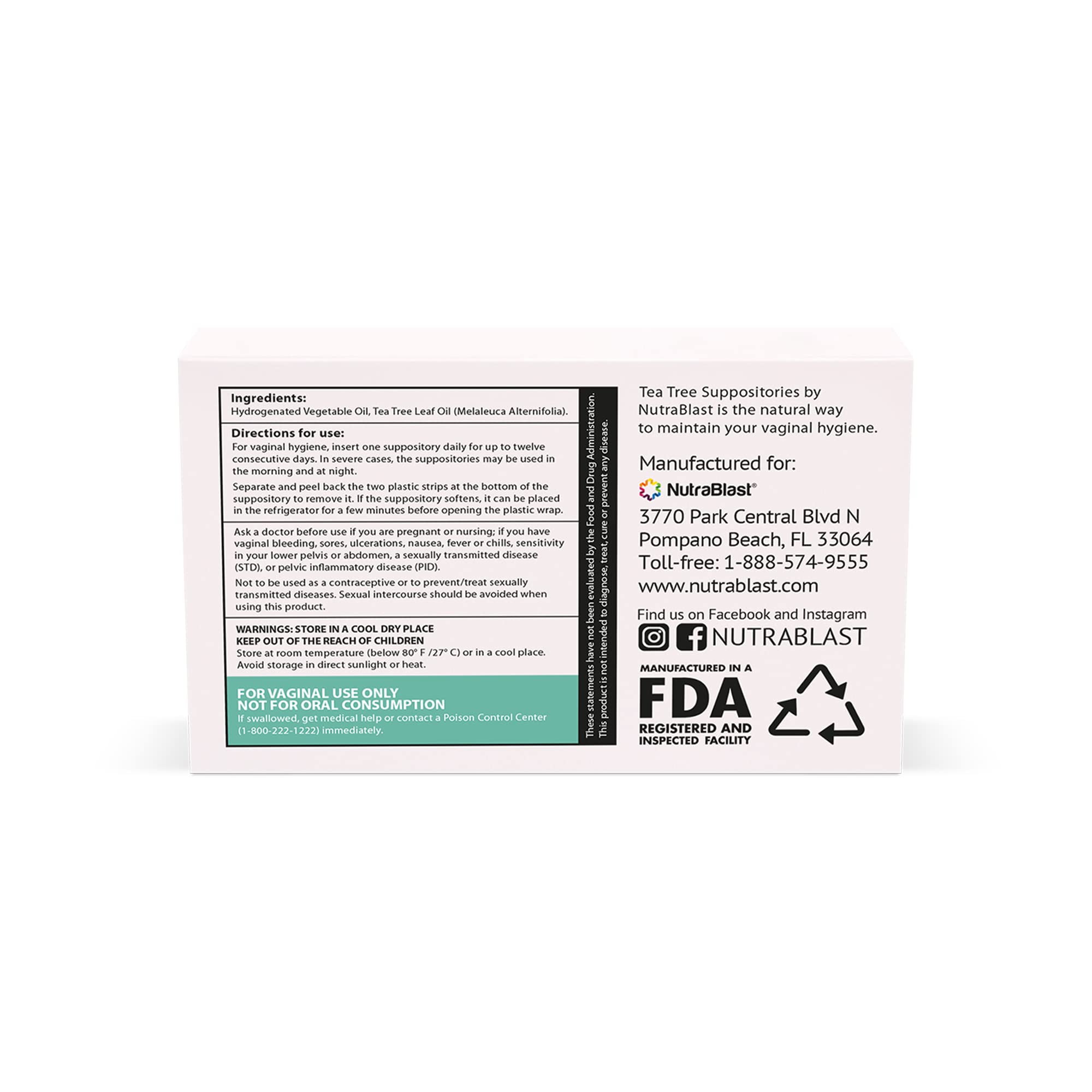 NutraBlast Tea Tree Oil Suppositories (12 Count) | All Natural Intimate Deodorant for Women