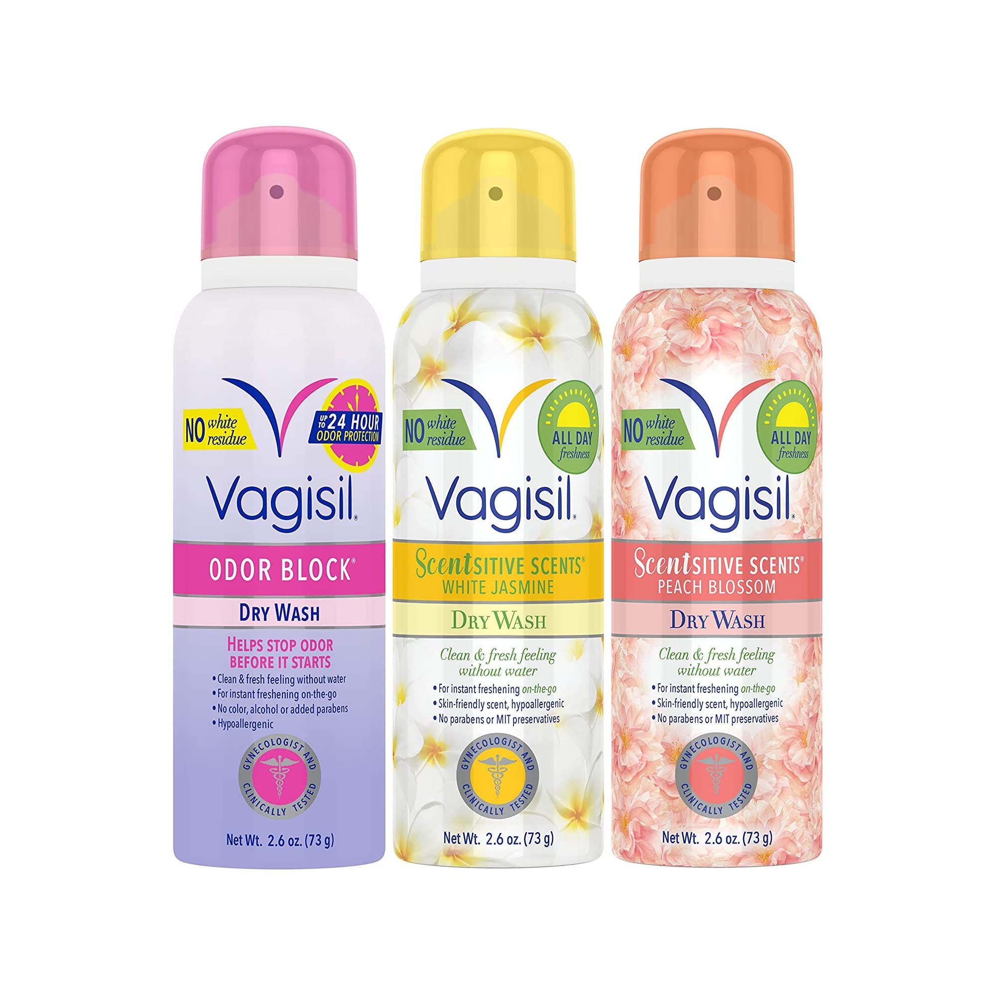 Vagisil Feminine Dry Wash Deodorant Spray for Women, Gynecologist Tested, Paraben Free, 3 Scent