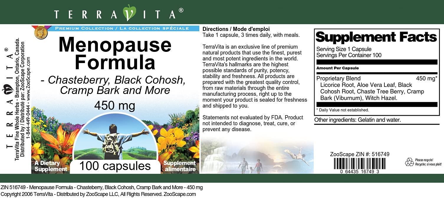 Menopause Formula - Chasteberry, Black Cohosh, Cramp Bark and More - 450 mg (100 Capsules)