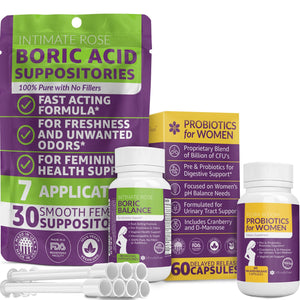 Intimate Rose Combo Pack! Flora Bloom Probiotics for Women (One Bottle) and Boric Balance Boric Acid 