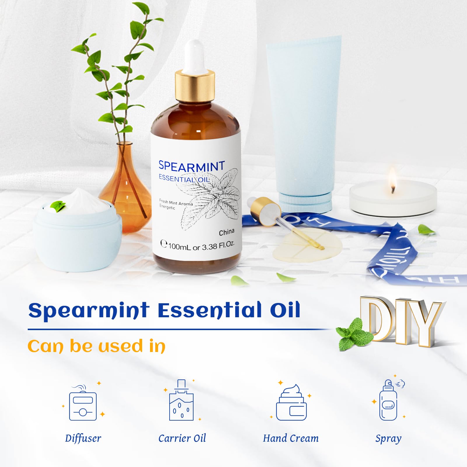 HIQILI 100ML Spearmint Essential Oil for Skin Care -100% Pure Treatment Grade - 3.38 Fl Oz.