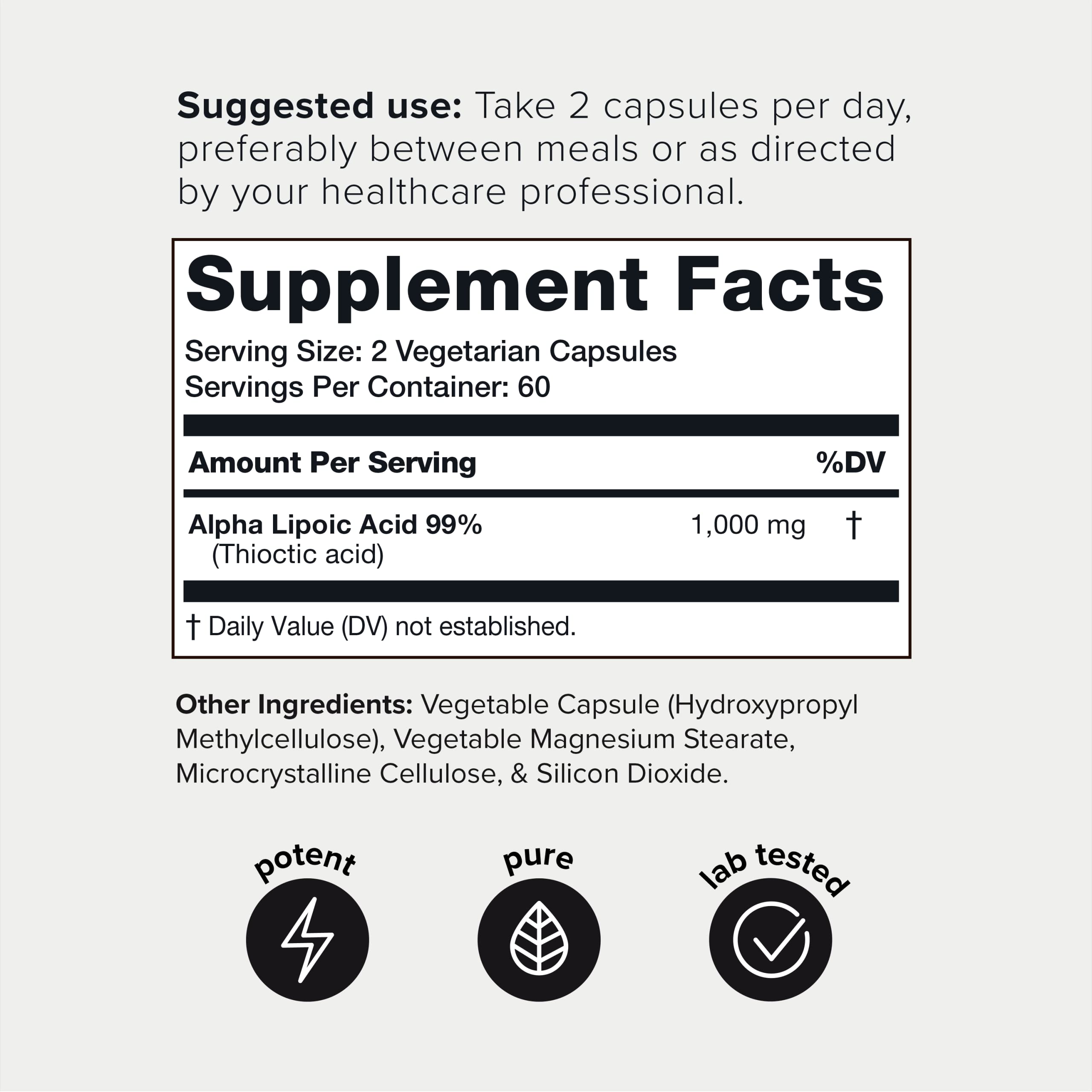 Toniiq 1000mg Ultra High Strength Alpha Lipoic Acid Capsules - Highly Purified 99%+ USP