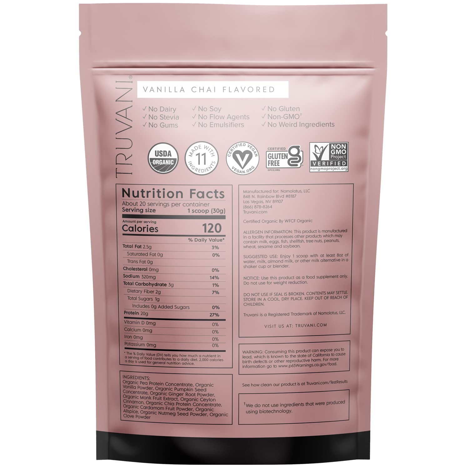Truvani Organic Vegan Protein Powder Vanilla Chai - 20g of Plant Based Protein, Organic