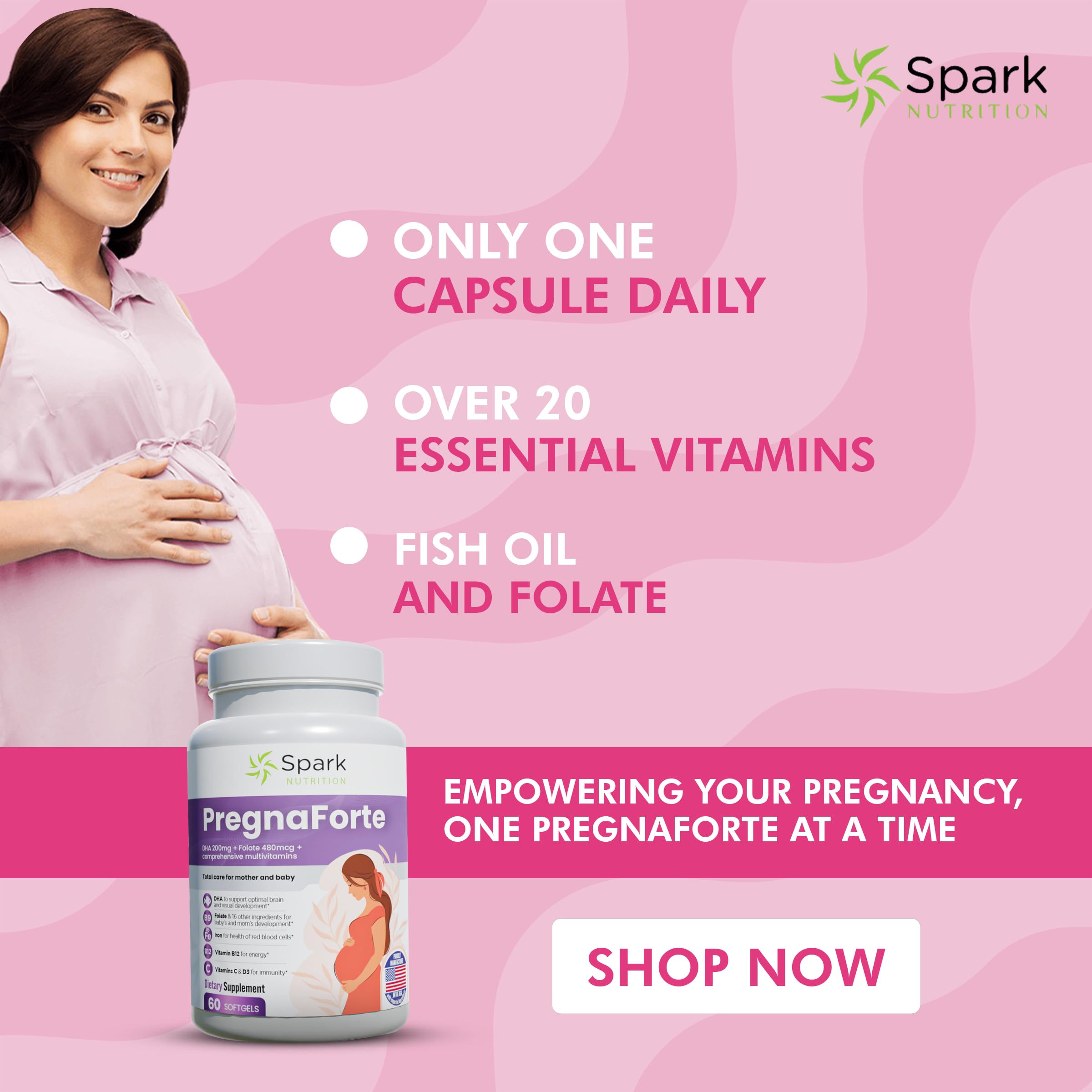 Pregnaforte Prenatal Multivitamin 60 days: Folic acid, Omega-3 DHA/EPA, Vitamins A, B6, B12, C, D3, E