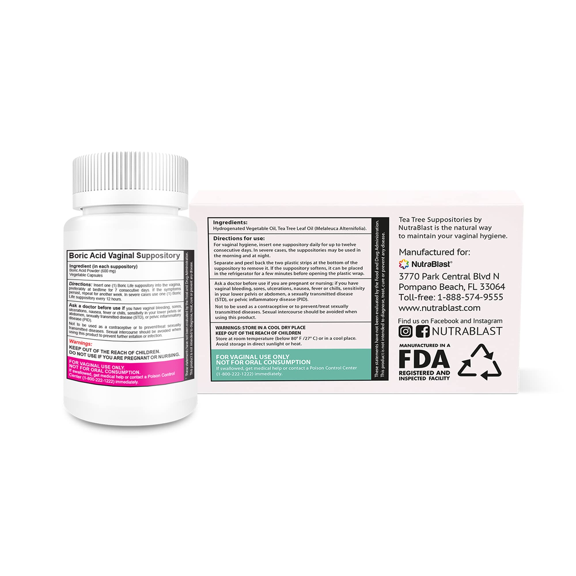 NutraBlast Boric Acid Vaginal Suppositories 600mg (30 Count) w/Tea Tree Oil Suppositories (12 Count)